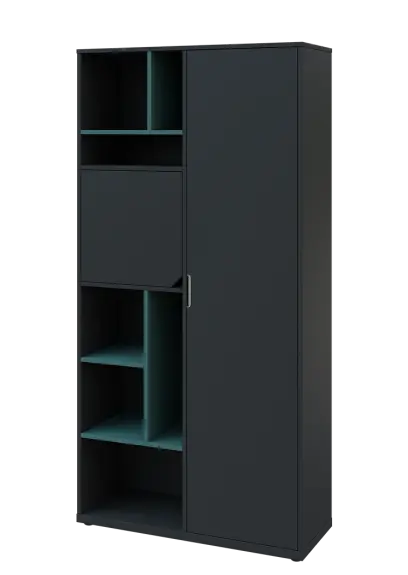 KSR6-83 P skříň šatní, 1x výsuvné ramínko, dvířka, niky, 2053x1022x400 mm, provedení pravé, korpus a dvířka antracit/police světle petrolejová